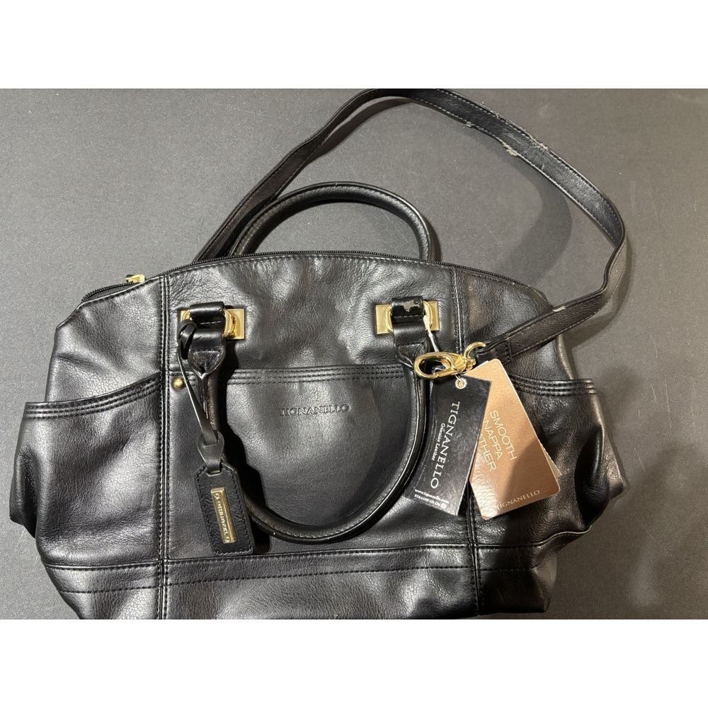 Tignanello Purse Genuine Black Leather Man Made Trim Gold DBL Handle Snap